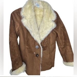 Boden Tan Jacket with Cream Faux Fur Trim